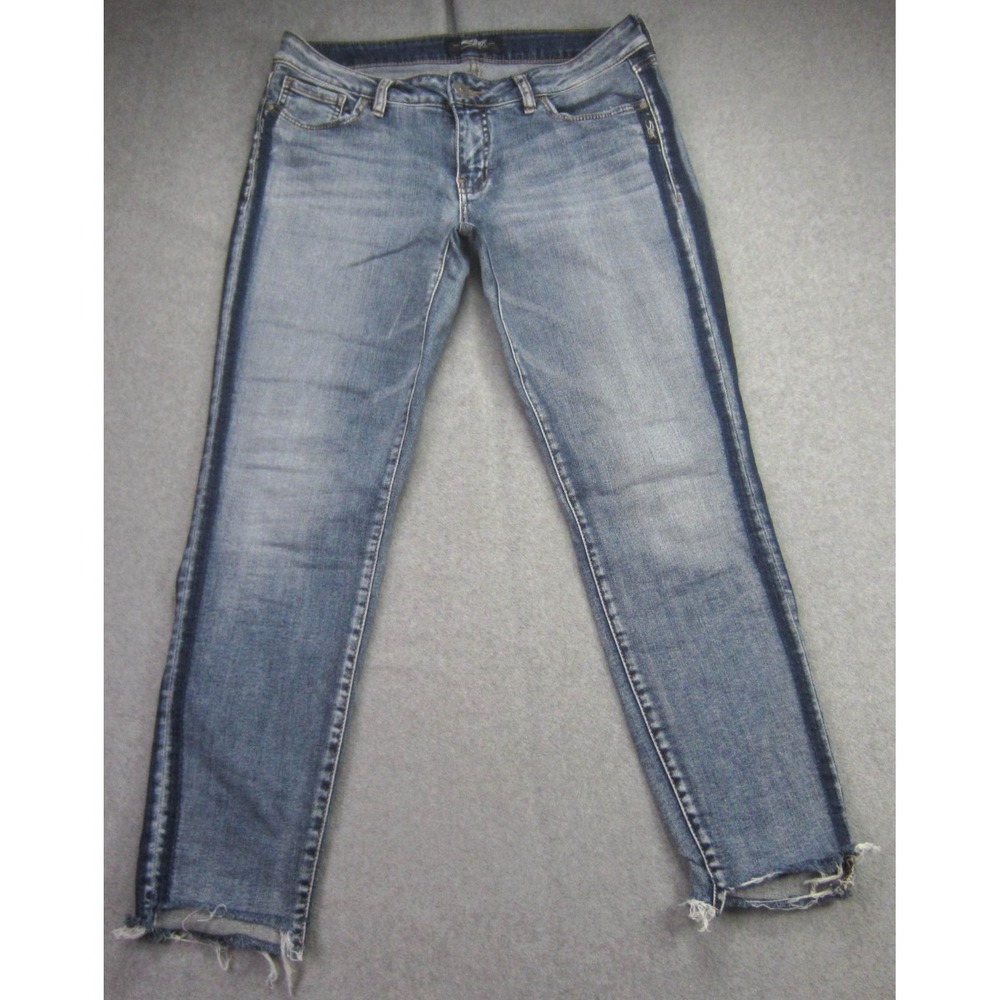 Silver Jeans Womens 33x27.5 Blue Skinny Distressed Raw Hem Ankle Denim READ